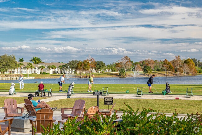 Stoneybrook golfers spend the day on the course and have drinks on the restaurant patio.