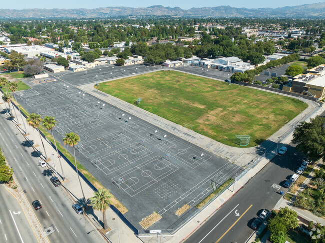 An aerial of the play area at John A Sutter Middle School in Winnetka, CA.