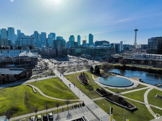 Lake Union Park has great views of the Seattle Tower and Lake Union.