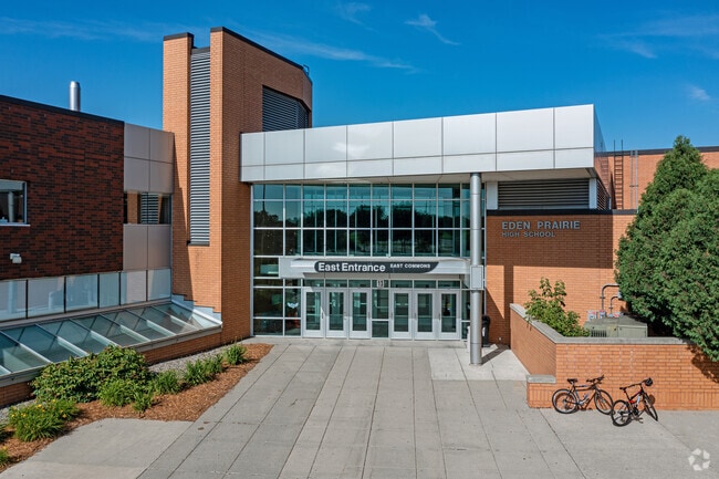 View of the main entrance of Eden Prairie High School located in Eden Prairie MN.