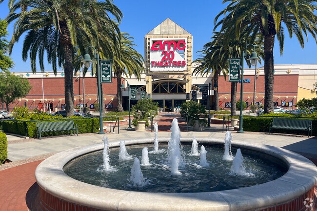 Fountain and palms frame the AMC 20 Rolling Hills.