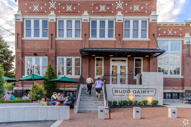 Budd Dairy Food Hall offers a variety of local food kitchens and three separate bars.