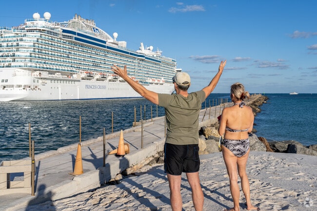 Port Everglades channels cut through Dania Beach, where cruise ships are visible.