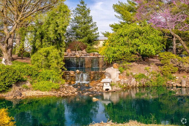 A waterfall fills a small pond among blooming trees in the Mizumoto Japanese Stroll Garden in Springfield.