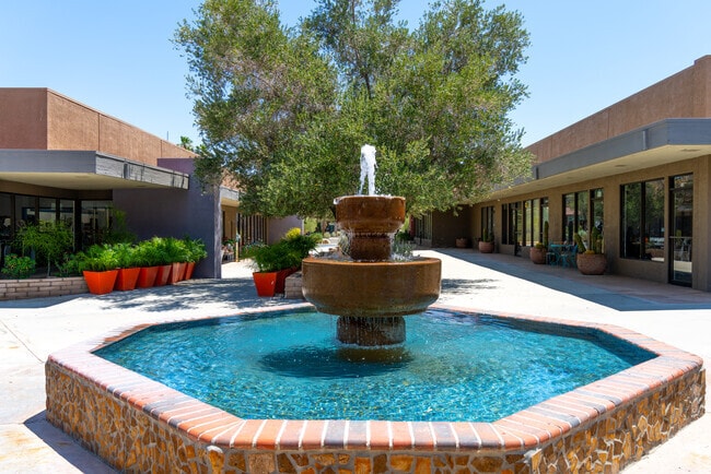 Shoppers gather near the water fountain in Borrego Springs for rest, conversation, and local purchases.