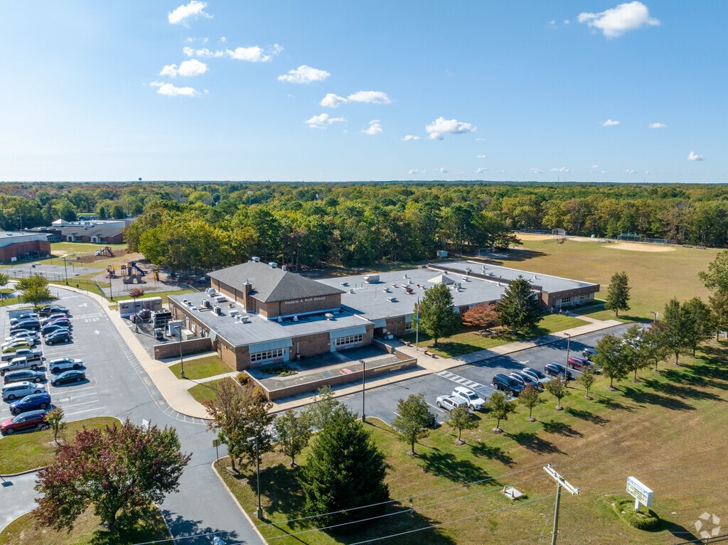Frederic A Priff Elementary School is surrounded by trees and greenery.