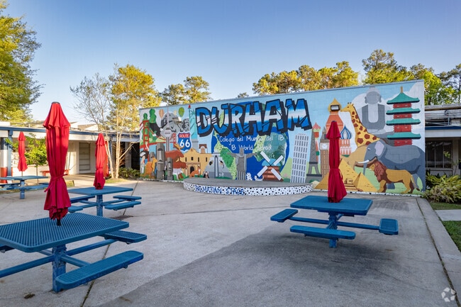Durham Elementary School has an outdoor picnic area decorated by a mural.