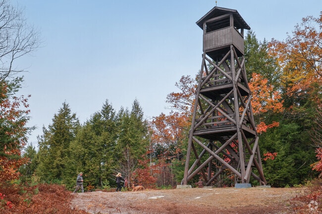 Explore Tuftonboro’s historic Abenaki Tower surrounded by vibrant foliage.