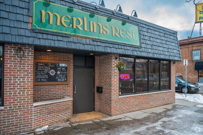 Merlins Rest Pub features classic British grub, frequent live music, and a long whiskey list.