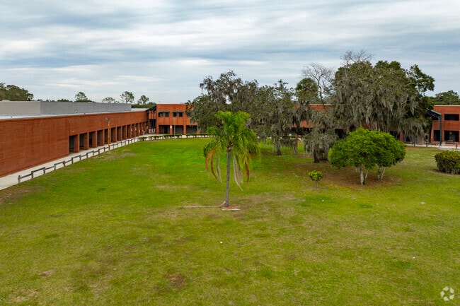 There are open courtyard areas for students when outside at Burnett Middle School.