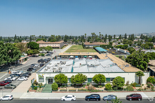 A row of classrooms at St Hilary Elementary School in Pico Rivera.