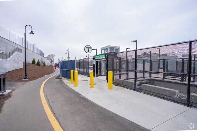 The Gilman Square subway station in Sommerville, MA sits behind the Somerville High School.