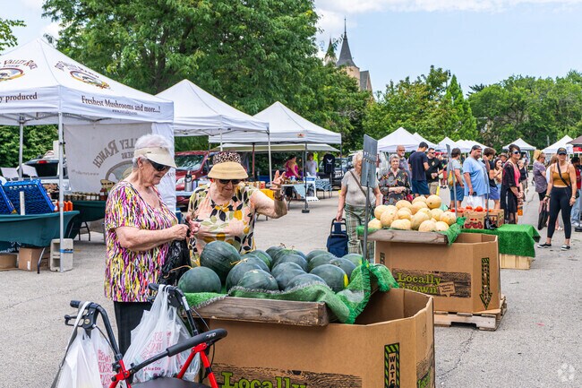 Friends shop together at the Skokie Farmers Market in Southwest Skokie.