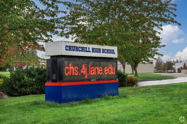 An electronic sign keeps the community informed of events at Churchill High School in Eugene.