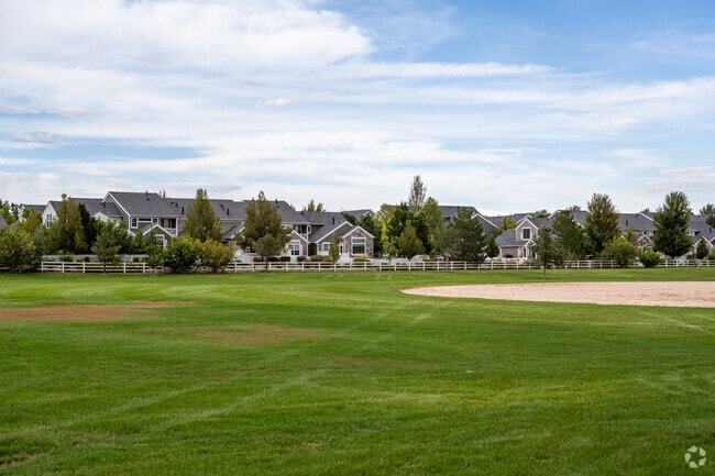 Townhomes along the park in Broadlands, Broomfield, Colorado.