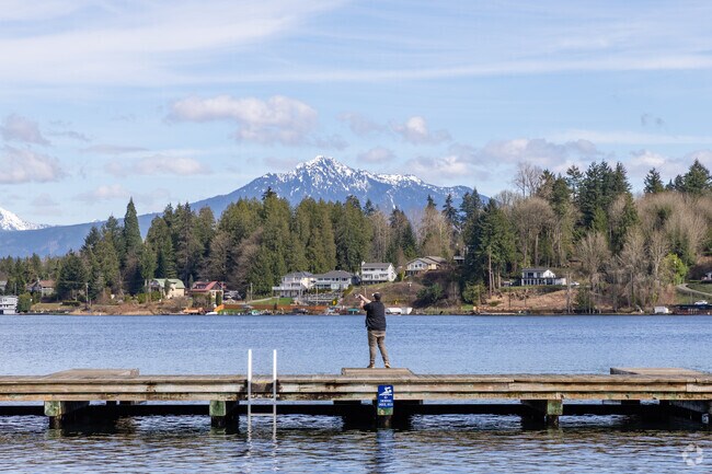 Davies Beach at Lake Stevens, Washington provides many fishing opportunity with a scenic mountain backdrop.