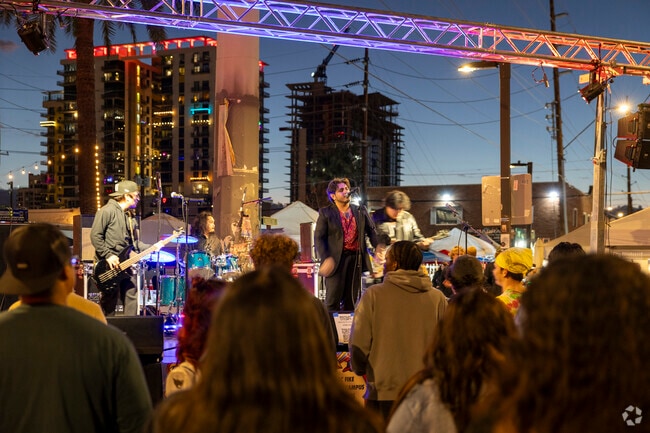 Live bands perform for attendees at the monthly First Friday Art Walk near Midtown Phoenix.