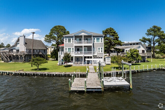 A picturesque row of waterfront homes lines the canals of Colington Harbour.