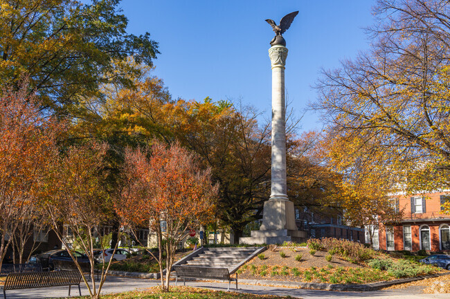 A memorial to the cities veterans towers above the West Hill neighborhood.