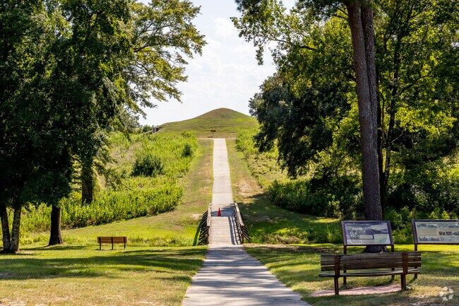 The Ocmulgee National Historic Park features earth lodges and ancient burial mounds.