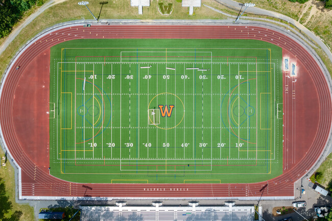 Aerial top-down view of Walpole High School's Track & Field.