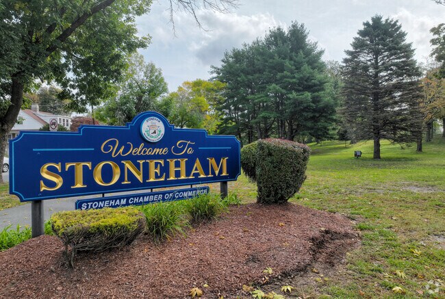 Visitors cannot miss the large blue Welcome to Stoneham sign when returning to Lindenwood.