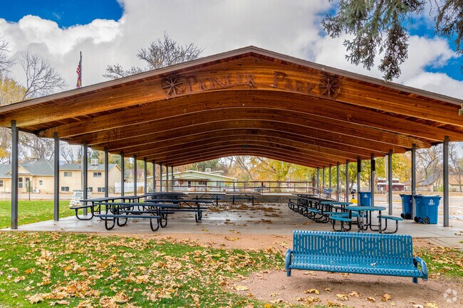 The covered pavilion at Pioneer Park hosts picnics and local gatherings in Florence.