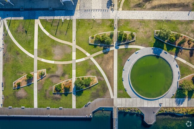 Near Westlake, pedestrian paths make a nifty geometric design at Lake Union Park.