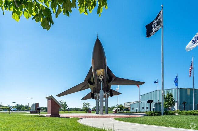 A fighter jet is on display at the Veterans Memorial at Waukegan Airport near Heatherstone.