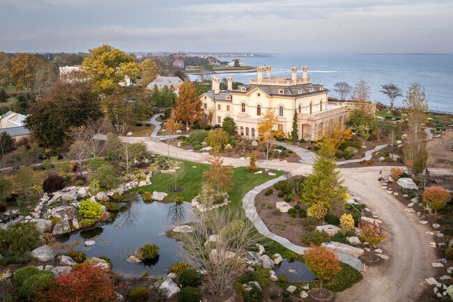 Take in a breathtaking aerial view of one of the magnificent mansions in Newport, RI.