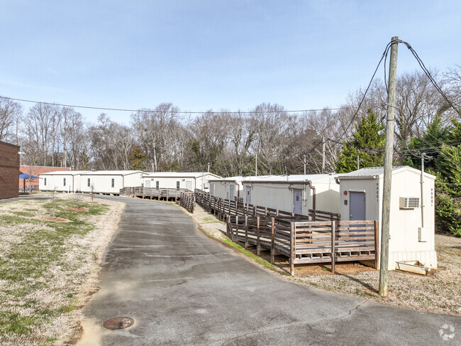 There are many mobile classrooms on campus at Sharon School.