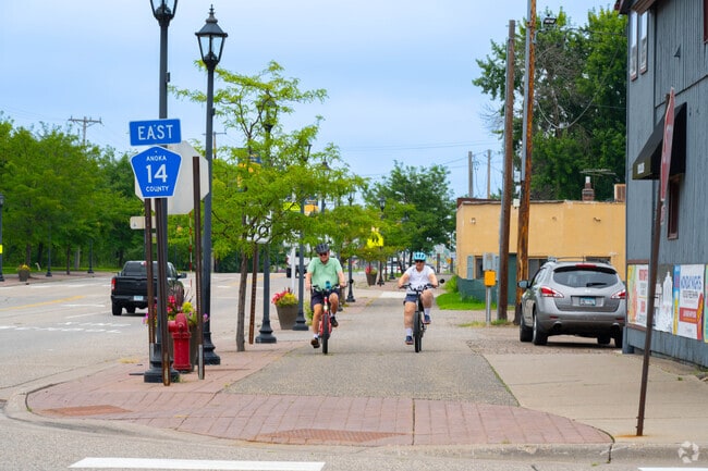 Cyclists ride around downtown Centerville on quiet neighborhood streets.
