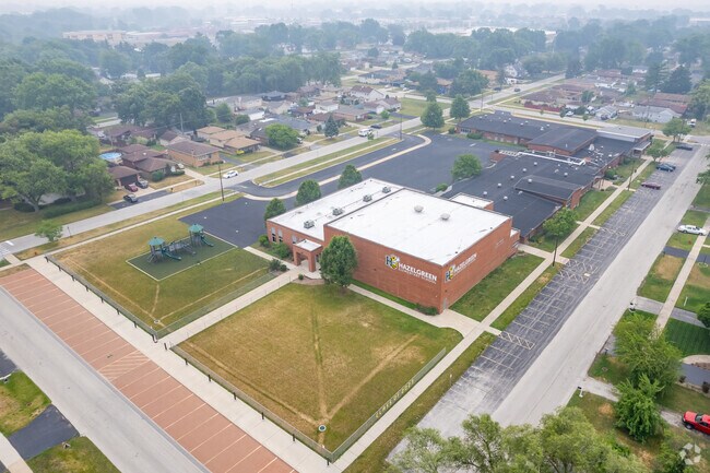 Aerial view of the Hazelgreen Elementary school campus and facilities.