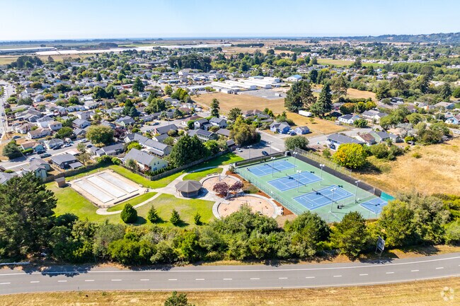 Larson Park has tennis courts, a skate park, and a picnic area.