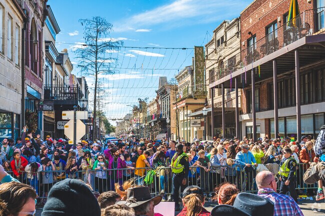 Downtown Mobile comes alive during Mardi Gras blocks from Leinkauf.