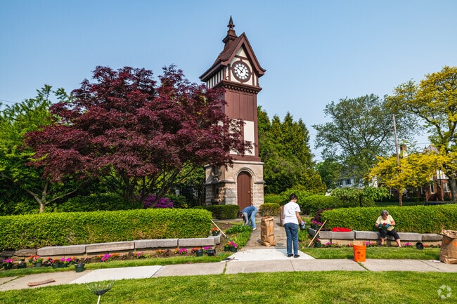 The Beach Cliff Garden Club maintains the flowers at the Rocky River Clock Tower.