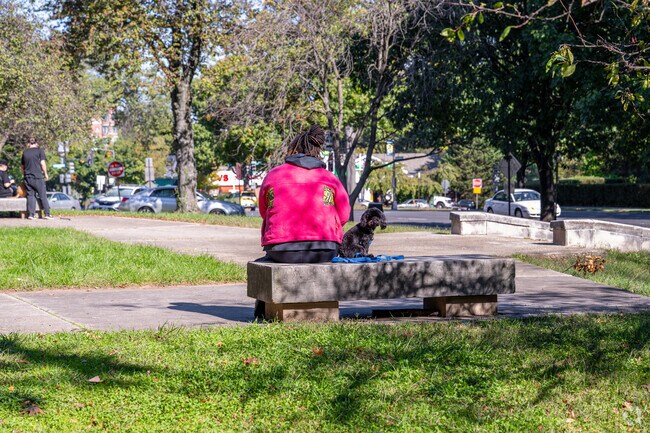 A Wakefield resident takes a breather with their dog at Peter Muhlenberg Memorial Park.