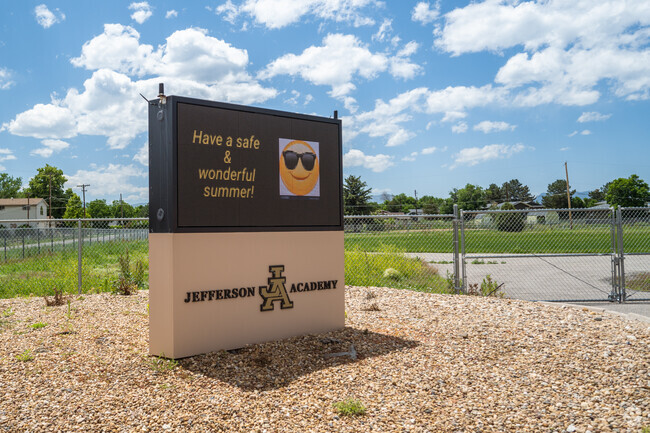 The school sign at Jefferson Academy Elementary School in Broomfield, Colorado.