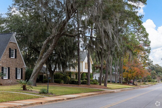 The quiet streets of Oakdale are shaded with large mossy trees.