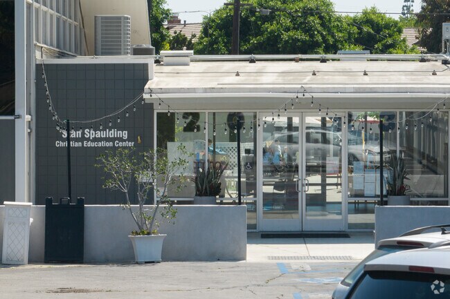 A view of the entrance of Grace Harbor School from the parking lot.