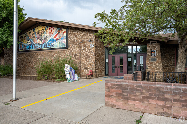 The front faculty building at Eva Marshall Elementary looks like a mountain lodge.