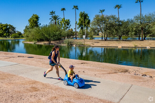 Chaparral Lake has a tiny island and easy paved trails to stroll around near Indian Bend.