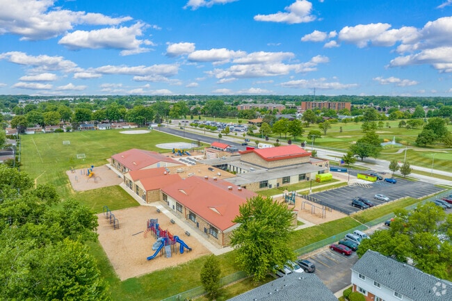 Aerial view captures Masonic Heights Middle School in Saint Clair Shores.