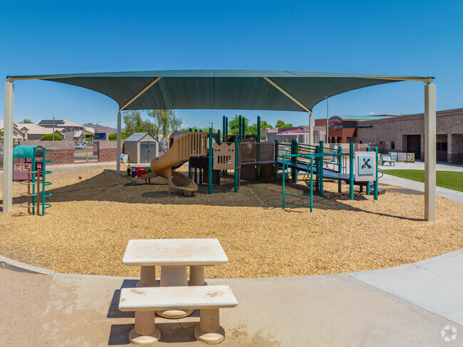 The playground at Paseo Hills School has an awning to shield students from Arizona sun.