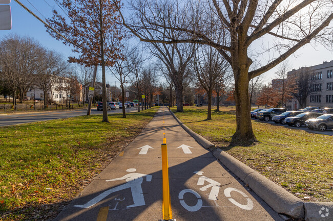 The walking path in front of Laurel Hill Annex School in Hartford, Providence, Rhode Island.