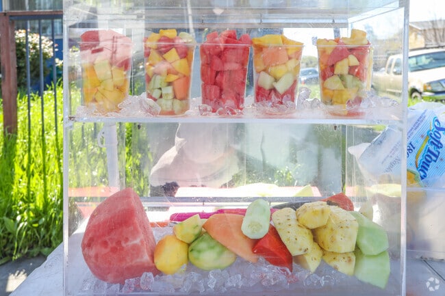 Fresh fruit stalls can be found near International Blvd in the Webster neighborhood.