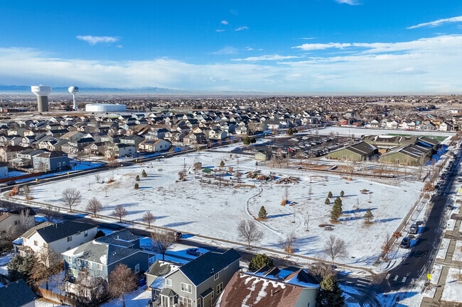 An aerial overview of Footprints Park and Foundations Academy in Brighton, Colorado.
