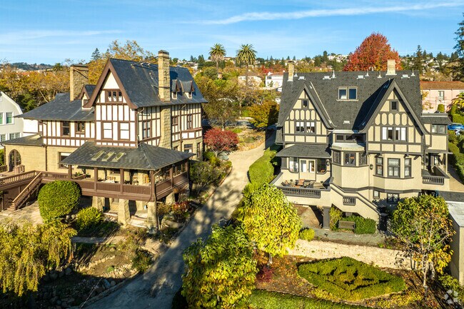 These Tudor single-family homes stand out in the Central Piedmont neighborhood.