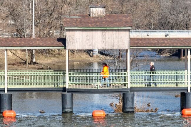 Walk over the Lake George Dam in Festival Park near New Chicago.