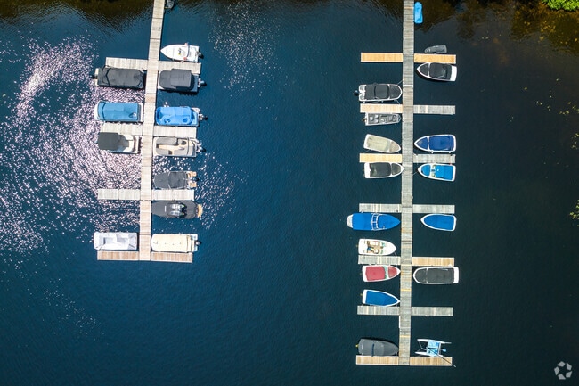 Birds eye view of boats in a boat slip on Moose Pond in Bridgton.